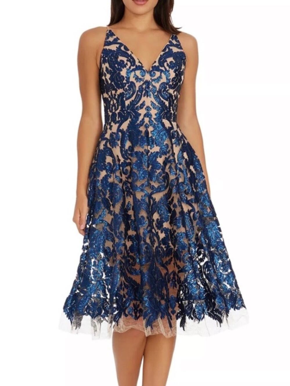 Dress The Population Blair Blue and Nude Lace Sequin Dress S